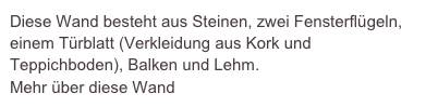 Diese Wand besteht aus Steinen, zwei Fensterflügeln, einem Türblatt (Verkleidung aus Kork und Teppichboden), Balken und Lehm.
Mehr über diese Wand